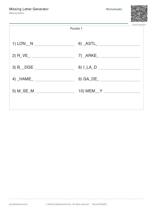 Free printable missing Letters Puzzle PDF — sheet 7