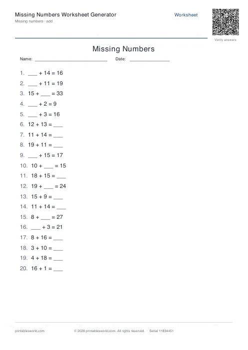 Free printable missing Numbers Worksheet PDF — sheet 10