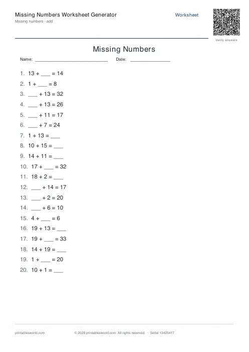 Free printable missing Numbers Worksheet PDF — sheet 11