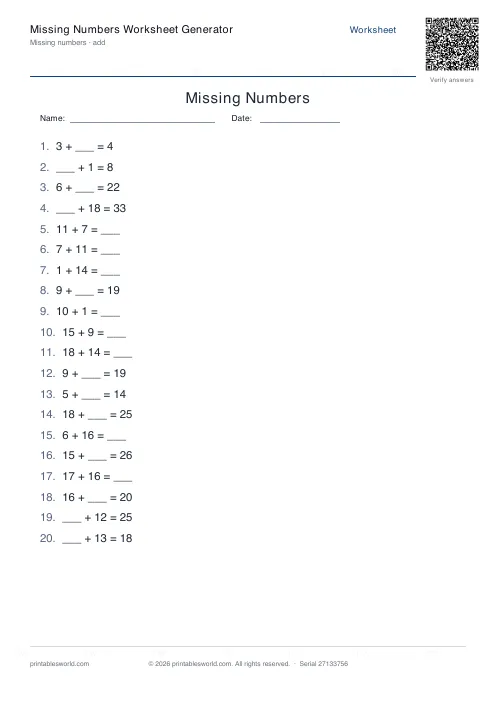 Free printable missing Numbers Worksheet PDF — sheet 12