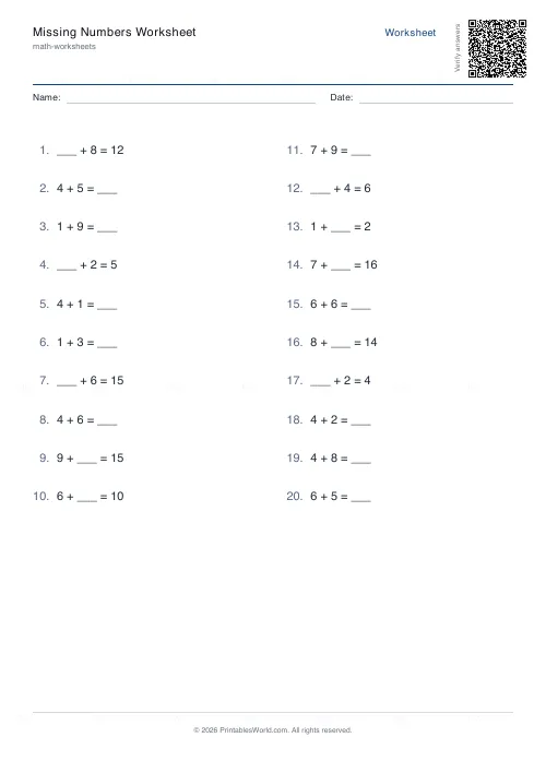 Free printable missing number worksheet (10, with answer key), PDF download