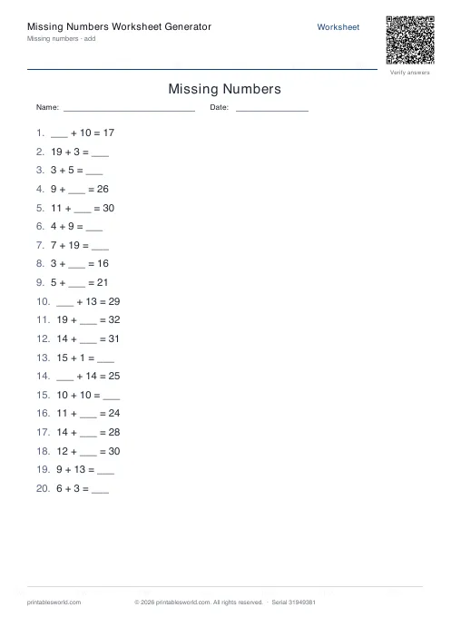 Free printable missing Numbers Worksheet PDF — sheet 2