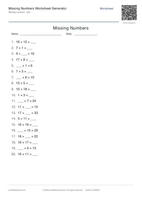 Free printable missing Numbers Worksheet PDF — sheet 3