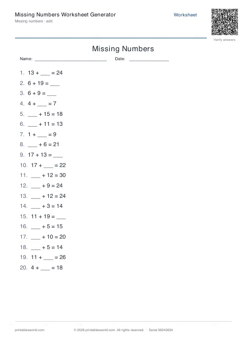 Free printable missing Numbers Worksheet PDF — sheet 4