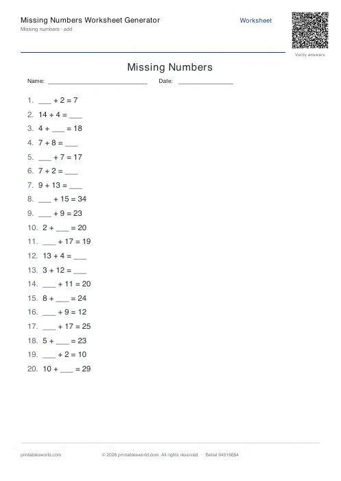 Free printable missing Numbers Worksheet PDF — sheet 6