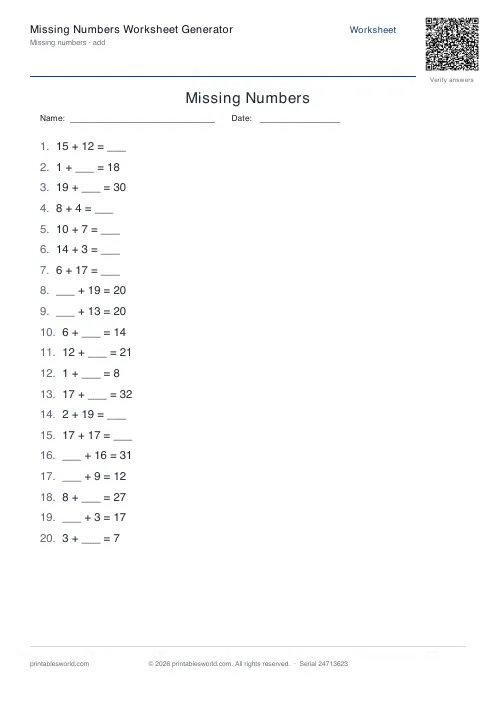 Free printable missing Numbers Worksheet PDF — sheet 7
