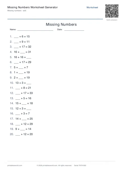 Free printable missing Numbers Worksheet PDF — sheet 8