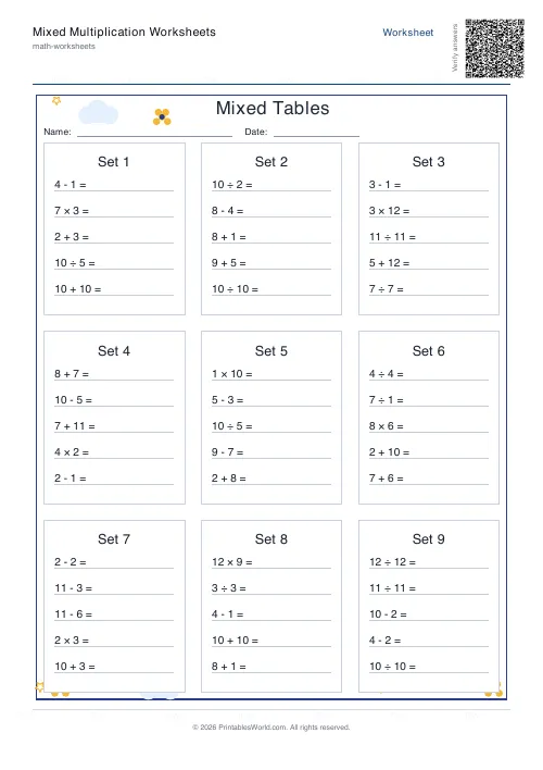 Free printable mixed operations practice — Tables grid — PDF download