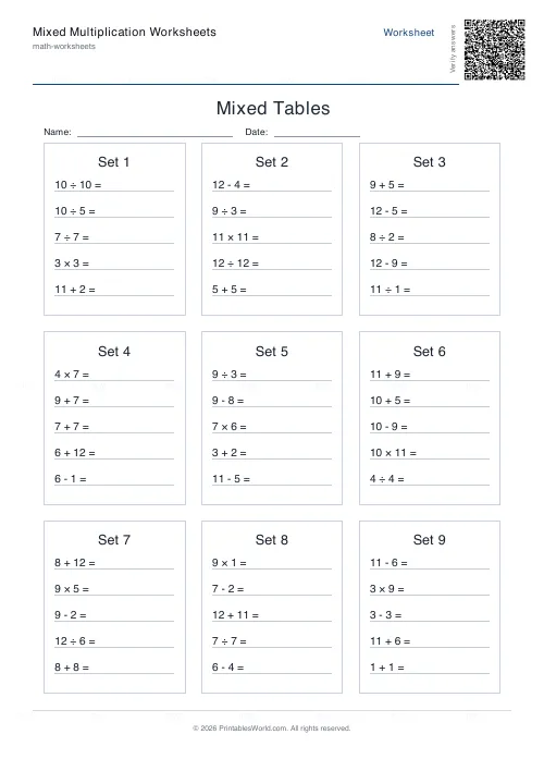 Free printable mixed operations practice (Up to 12, with answer key), PDF download