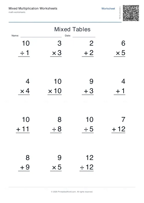 Free printable mixed operations practice (Vertical column), PDF download