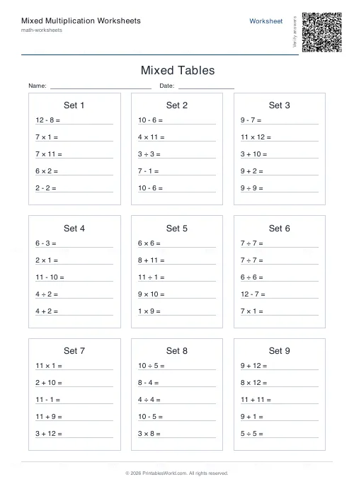 Free printable mixed operations practice (Up to 12), PDF download