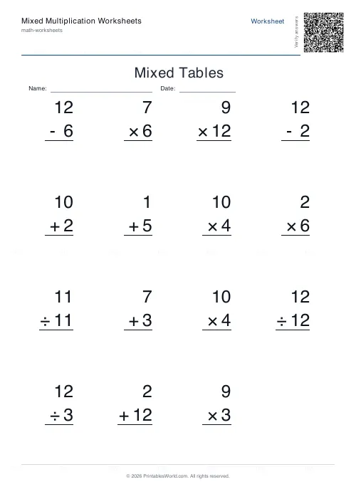 Free printable mixed operations practice (Vertical column, with answer key), PDF download