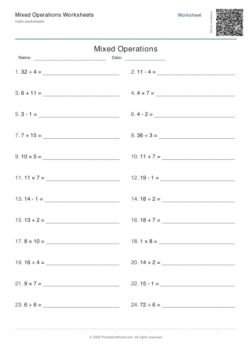 Free printable mixed operations worksheet — No brackets, with answer key — PDF download