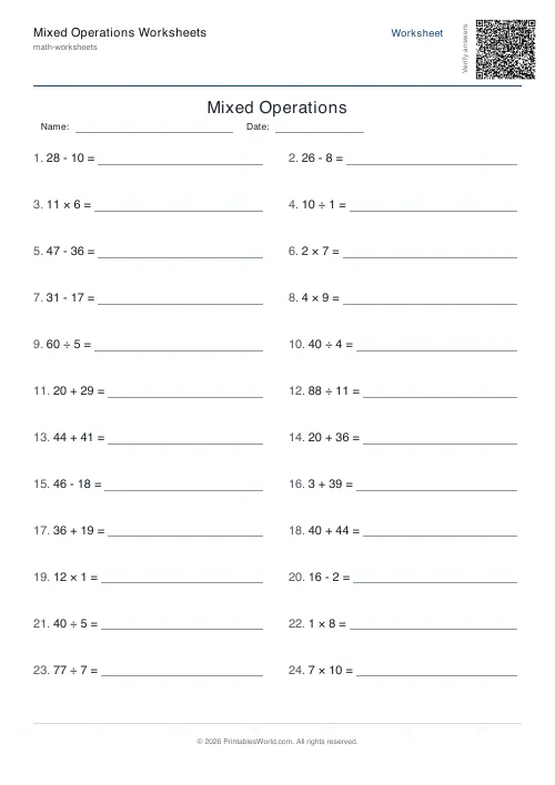 Free printable mixed operations worksheet — 50 — PDF download