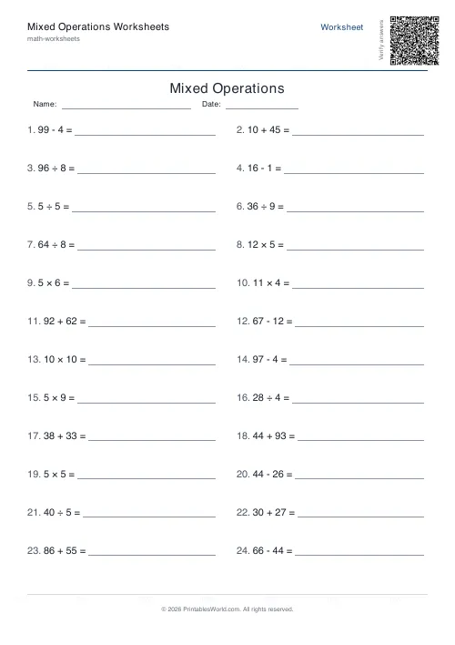 Free printable mixed operations worksheet — 100 — PDF download