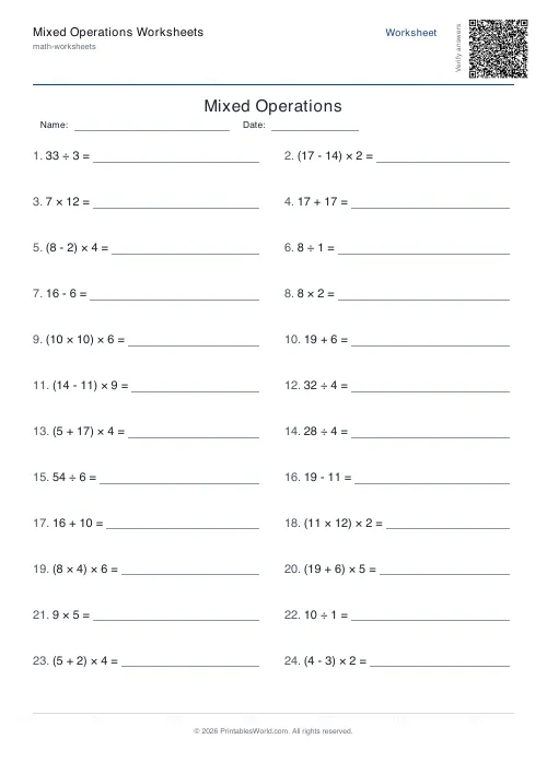 Free printable mixed operations worksheet — With brackets — PDF download
