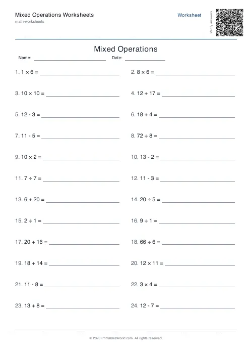 Free printable mixed operations worksheet — No brackets — PDF download