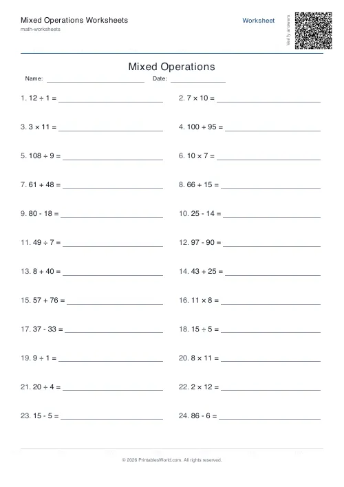 Free printable mixed operations worksheet — 100, with answer key — PDF download