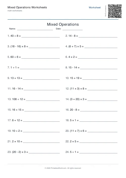 Free printable mixed operations worksheet — With brackets, with answer key — PDF download