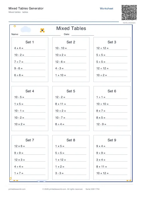 Free printable mixed operations tables worksheet with addition, subtraction, multiplication and division, set 1