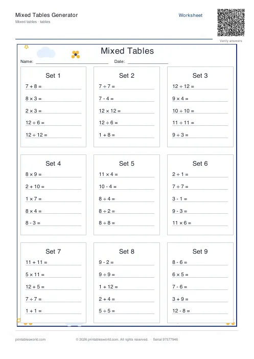 Free printable mixed operations tables worksheet with addition, subtraction, multiplication and division, set 2