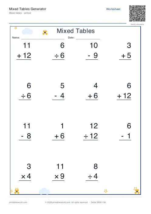 Free printable vertical mixed operations worksheet in column format, numbers to 12