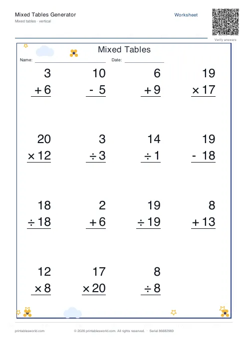 Free printable vertical mixed operations worksheet in column format, numbers to 20