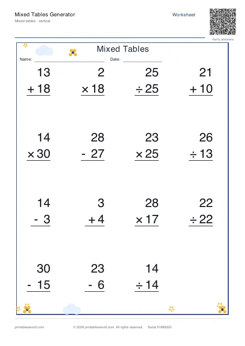 Free printable vertical mixed operations worksheet in column format, numbers to 30