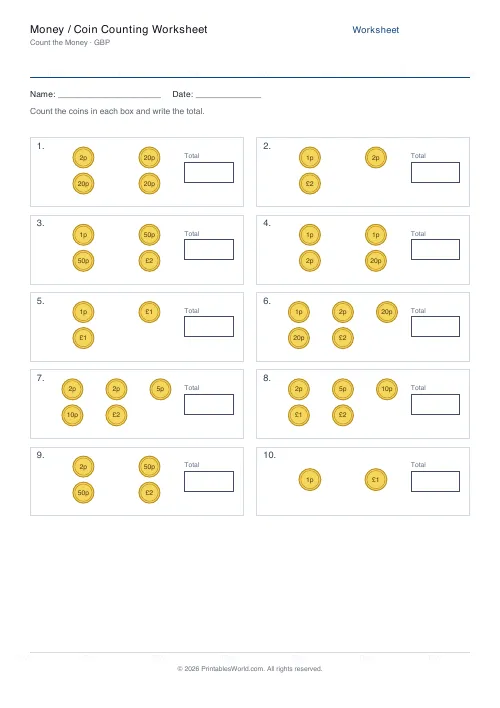 Free printable money counting worksheet — Pounds (£) — PDF download