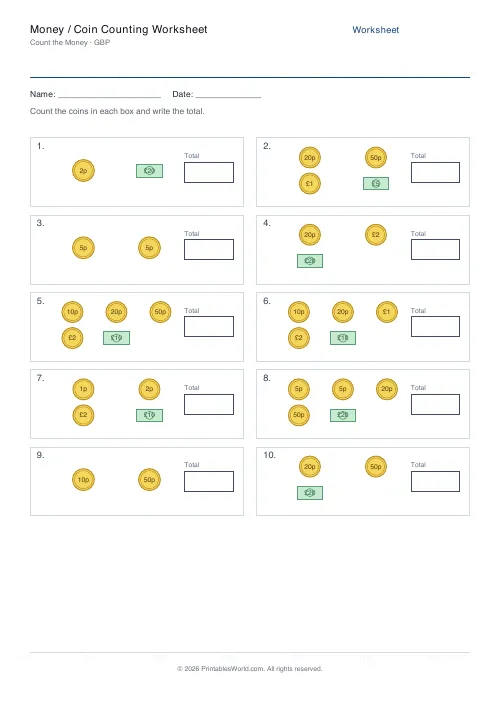 Free printable money counting worksheet — Coins & notes, with answer key — PDF download