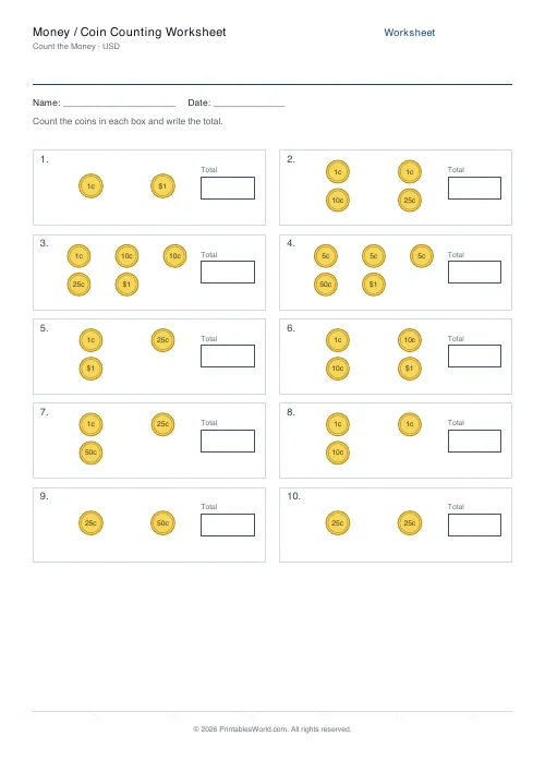 Free printable money counting worksheet — Dollars ($) — PDF download