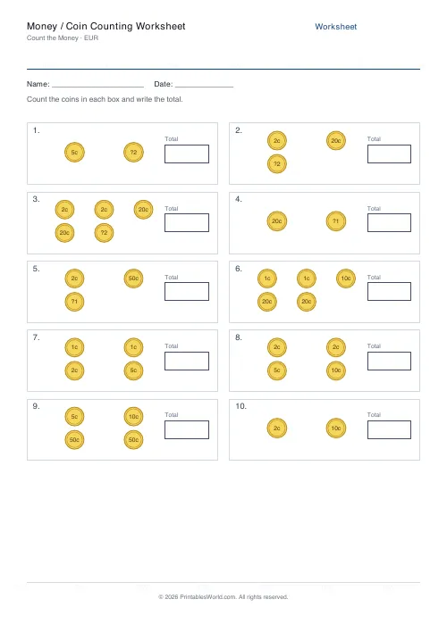 Free printable money counting worksheet — Euros (€) — PDF download