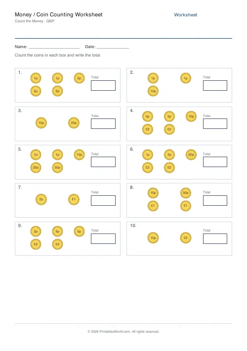 Free printable money counting worksheet — Coins only — PDF download