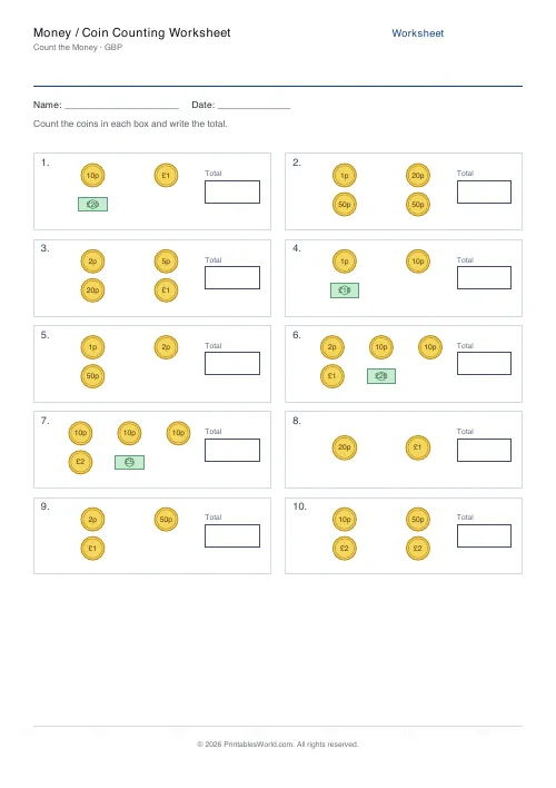 Free printable money counting worksheet — Coins & notes — PDF download