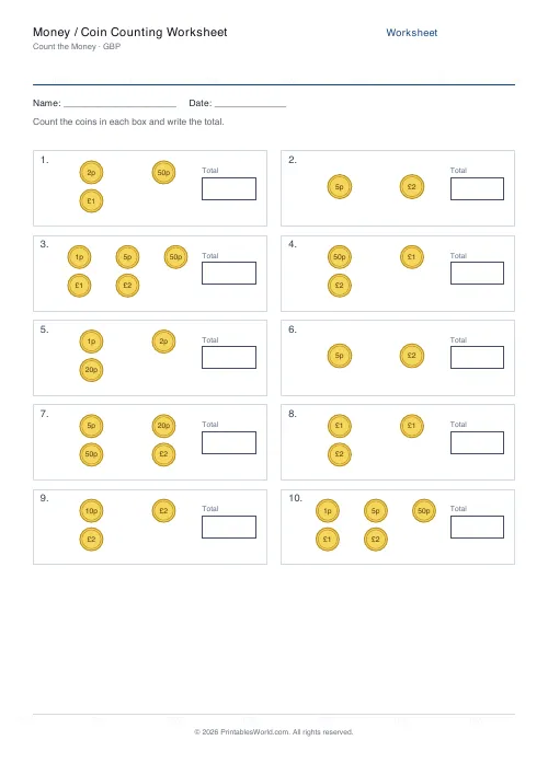 Free printable money counting worksheet — Pounds (£), with answer key — PDF download