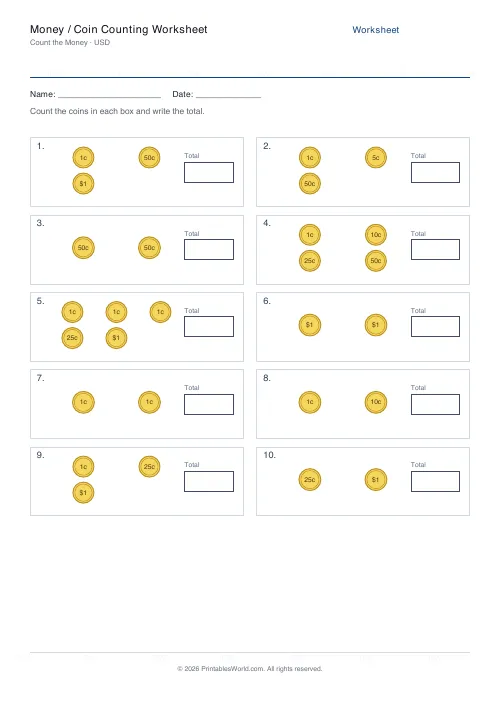Free printable money counting worksheet — Dollars ($), with answer key — PDF download