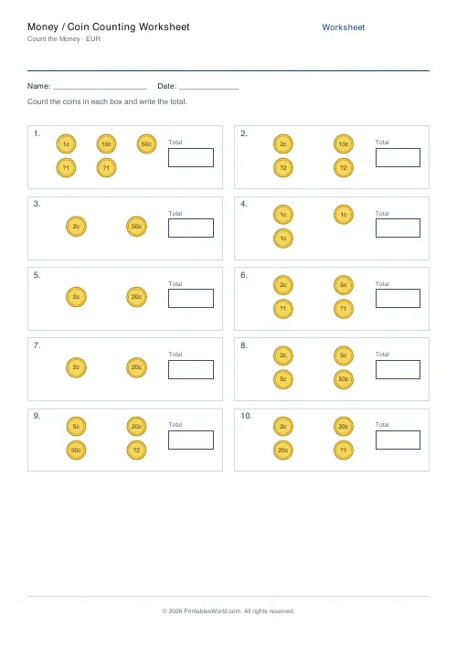 Free printable money counting worksheet — Euros (€), with answer key — PDF download