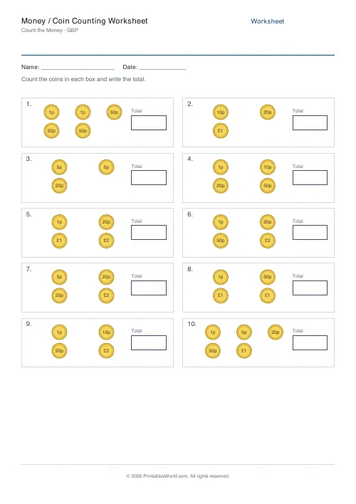 Free printable money counting worksheet — Coins only, with answer key — PDF download