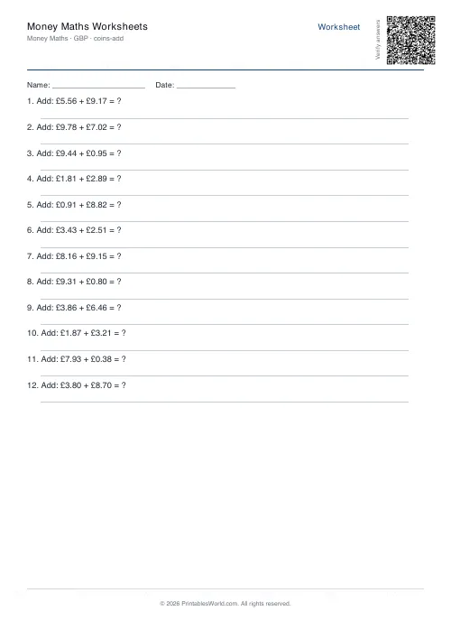 Free printable money maths worksheet — Add coins — PDF download