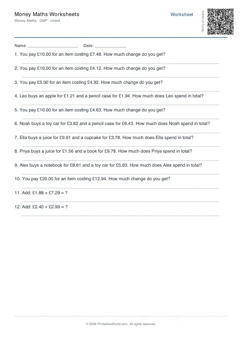 Free printable money maths worksheet — Mixed, with answer key — PDF download