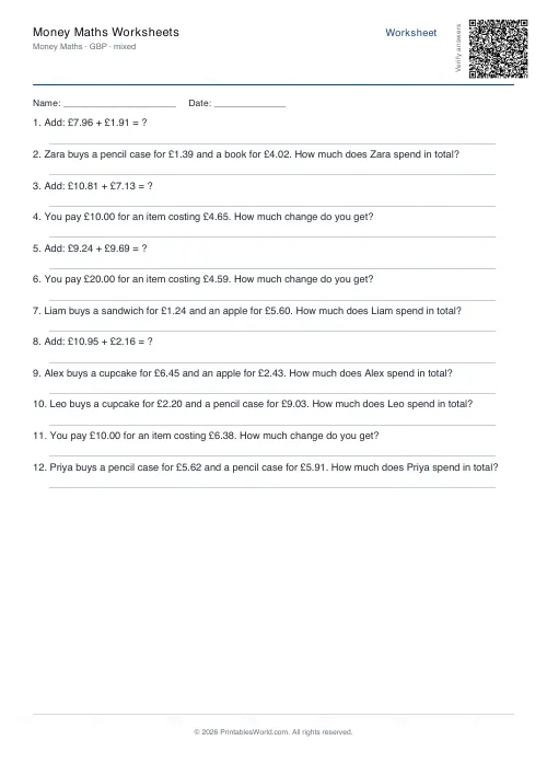 Free printable money maths worksheet — GBP, with answer key — PDF download