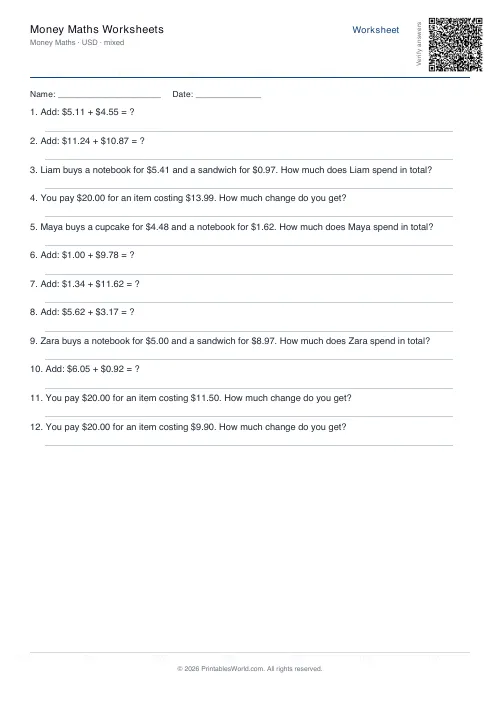 Free printable money maths worksheet — USD, with answer key — PDF download