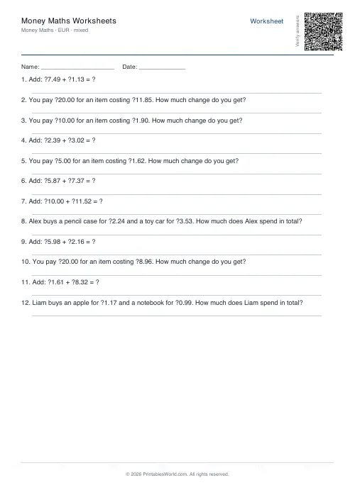 Free printable money maths worksheet — EUR, with answer key — PDF download