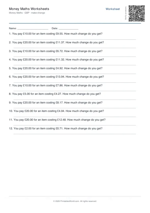 Free printable money maths worksheet — Make change — PDF download