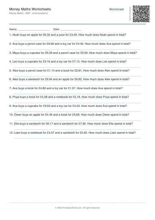 Free printable money maths worksheet — Word problems — PDF download