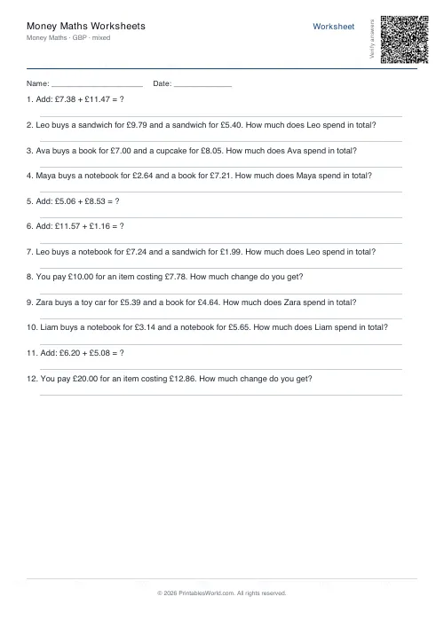 Free printable money maths worksheet — Mixed — PDF download