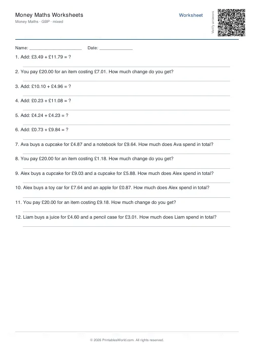 Free printable money maths worksheet — GBP — PDF download