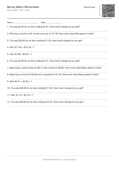 Free printable money maths worksheet — USD — PDF download