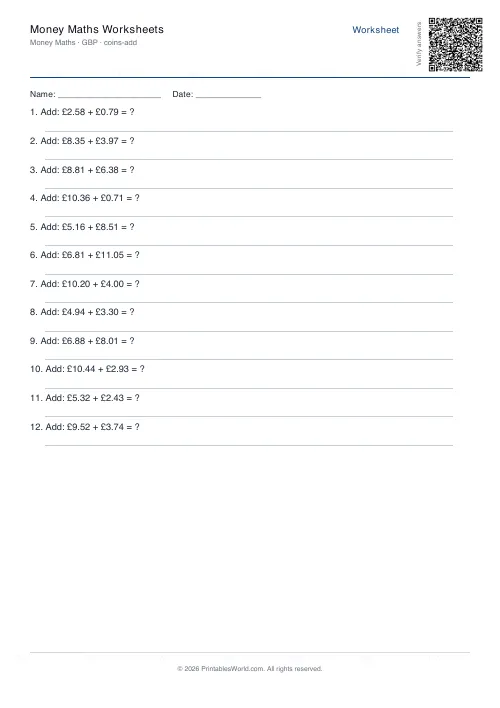 Free printable money maths worksheet — Add coins, with answer key — PDF download