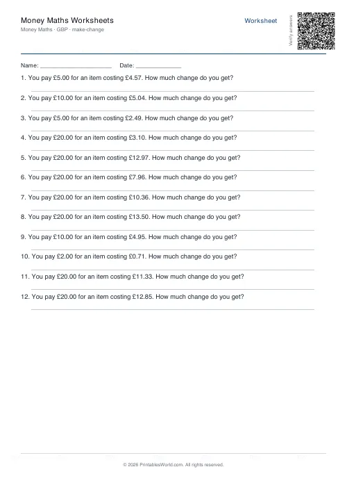 Free printable money maths worksheet — Make change, with answer key — PDF download